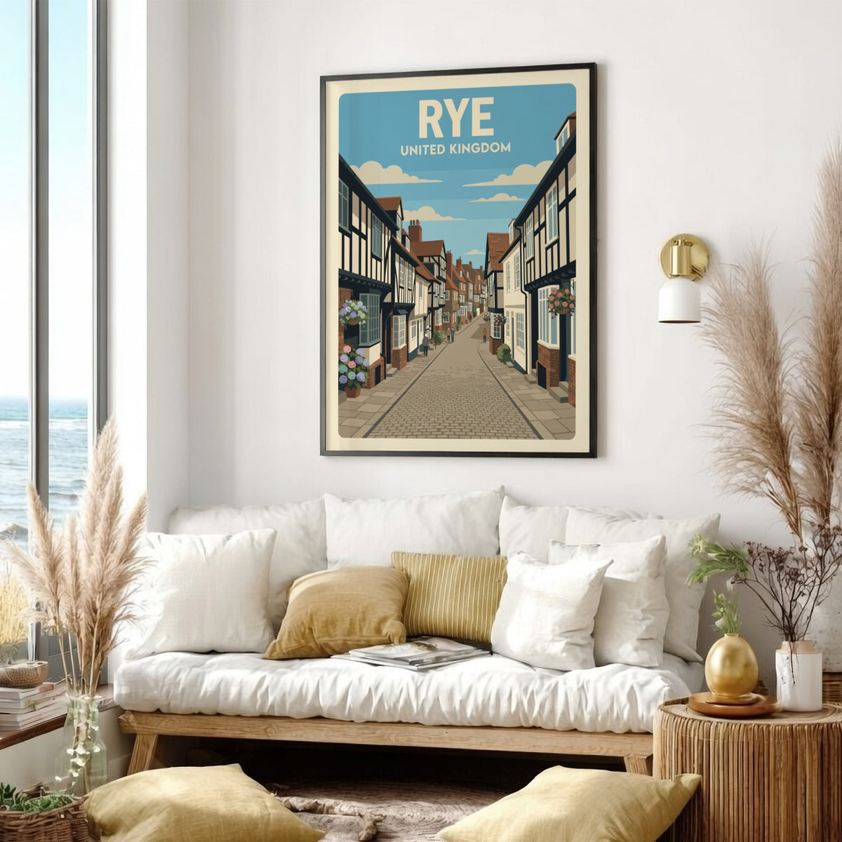 Poster of Rye United Kingdom featuring historic timber-framed buildings and cobblestone street view