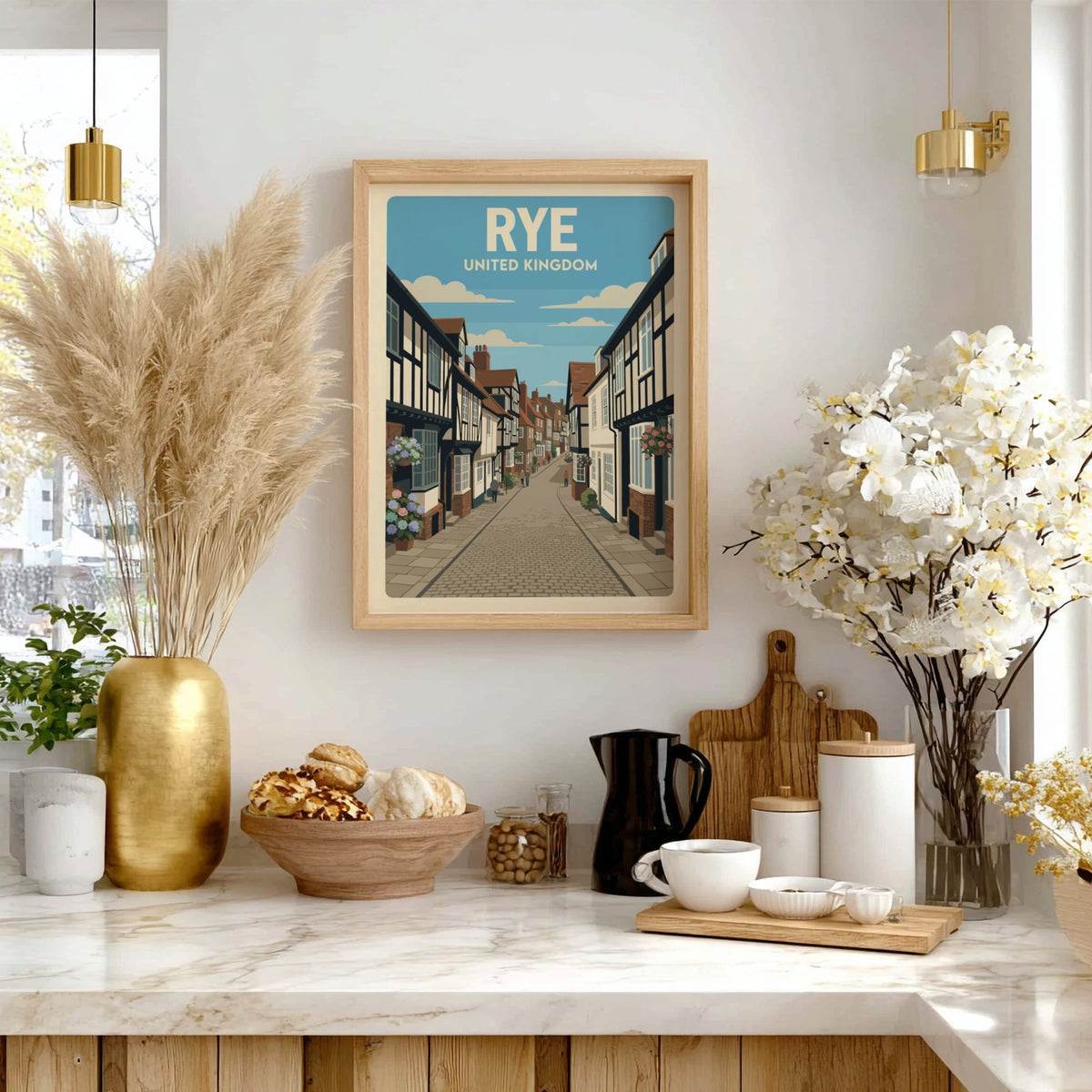 Poster of Rye United Kingdom featuring historic timber-framed buildings and cobblestone street view