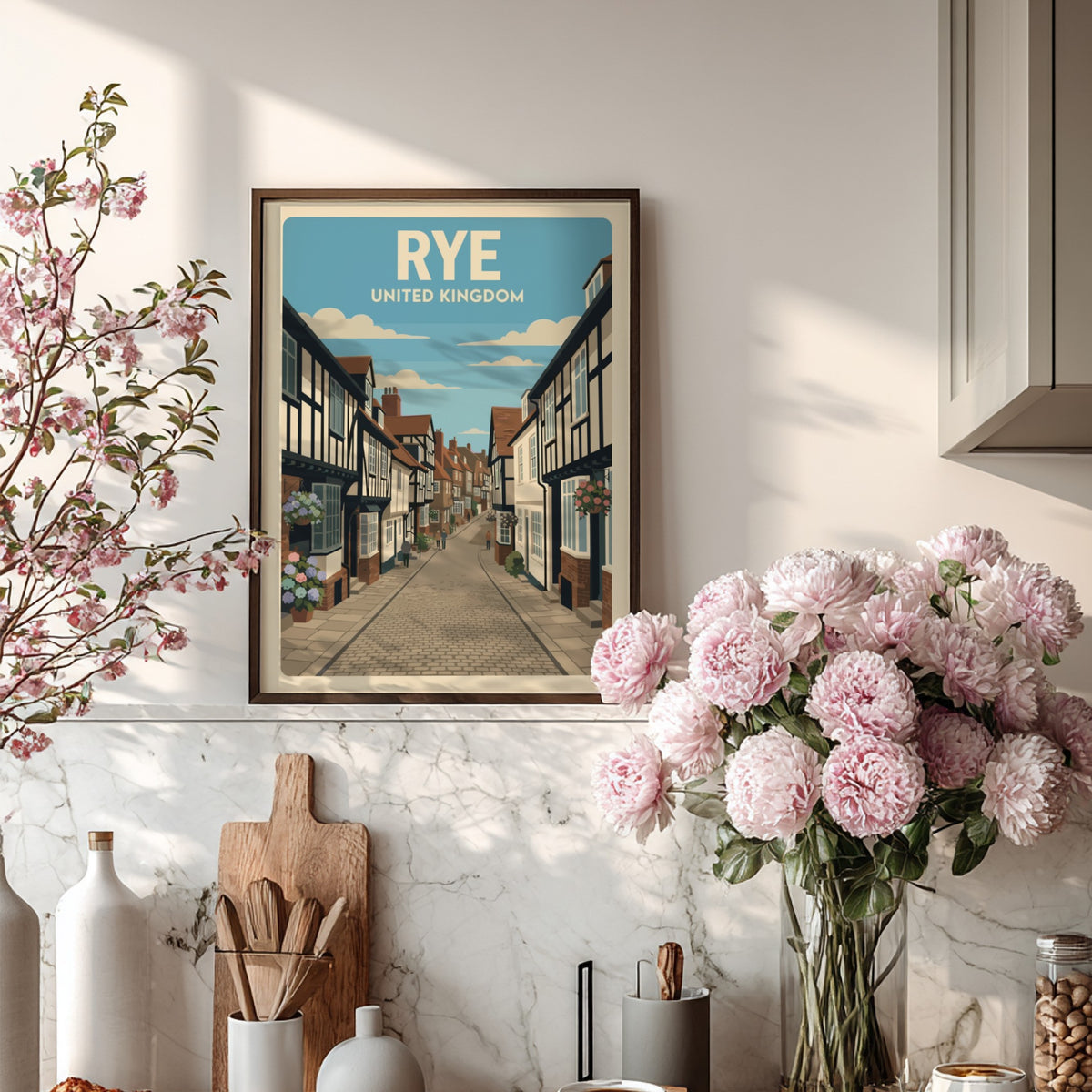 Poster of Rye United Kingdom featuring historic timber-framed buildings and cobblestone street view
