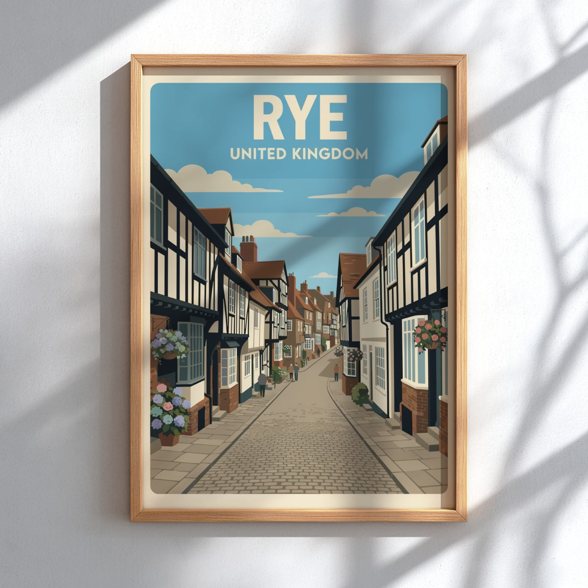 Poster of Rye United Kingdom featuring historic timber-framed buildings and cobblestone street view