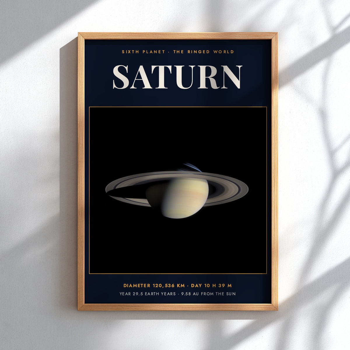 Poster of Saturn showing the planet with rings on a dark navy background.