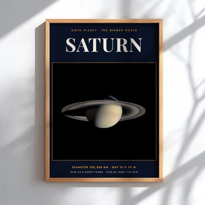 Poster of Saturn showing the planet with rings on a dark navy background.