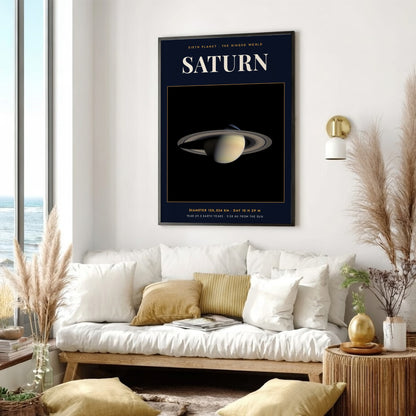 Poster of Saturn showing the planet with rings on a dark navy background.