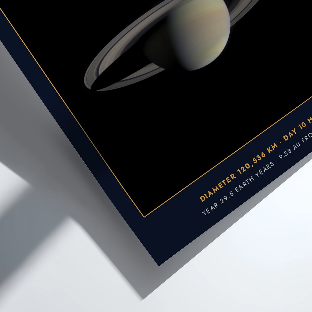 Poster of Saturn showing the planet with rings on a dark navy background.