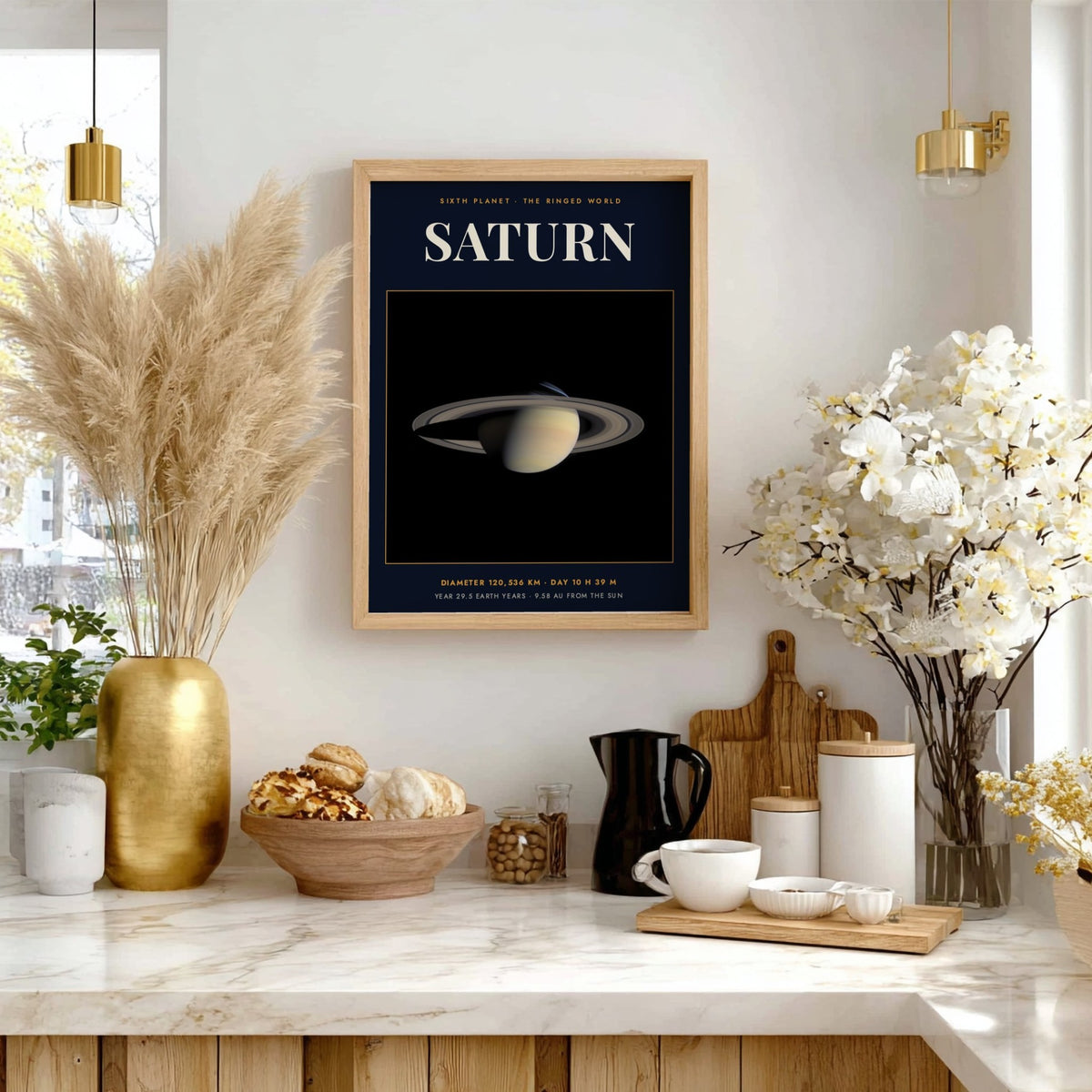Poster of Saturn showing the planet with rings on a dark navy background.