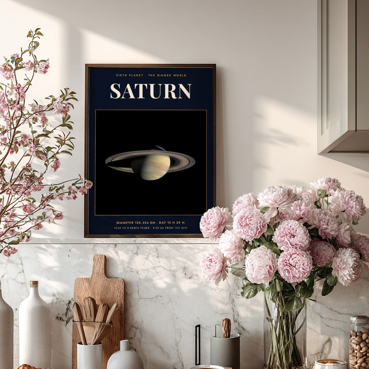 Poster of Saturn showing the planet with rings on a dark navy background.