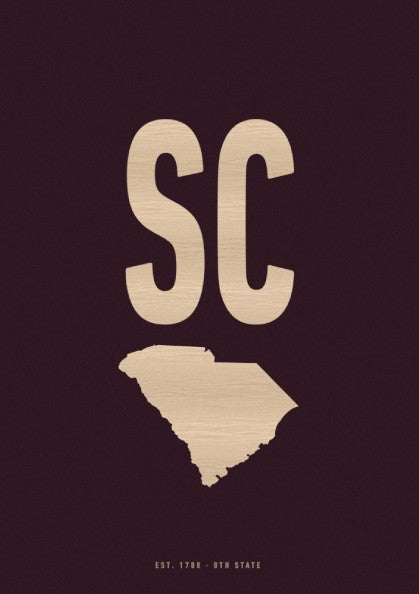 South Carolina poster featuring burgundy colors and state outline, perfect for home decor and gifts.