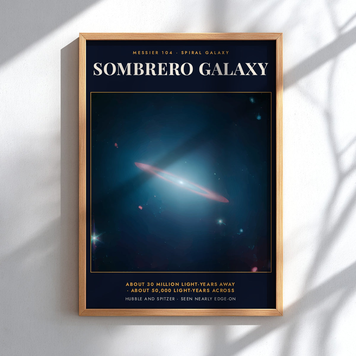Poster of the Sombrero Galaxy showing a glowing spiral structure against deep space blue