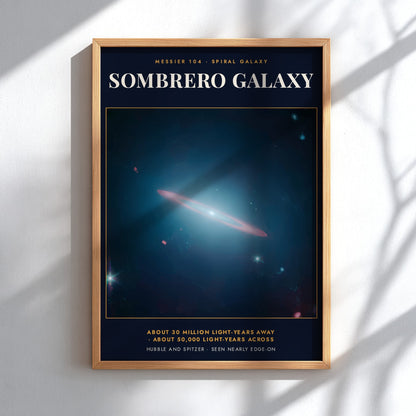Poster of the Sombrero Galaxy showing a glowing spiral structure against deep space blue