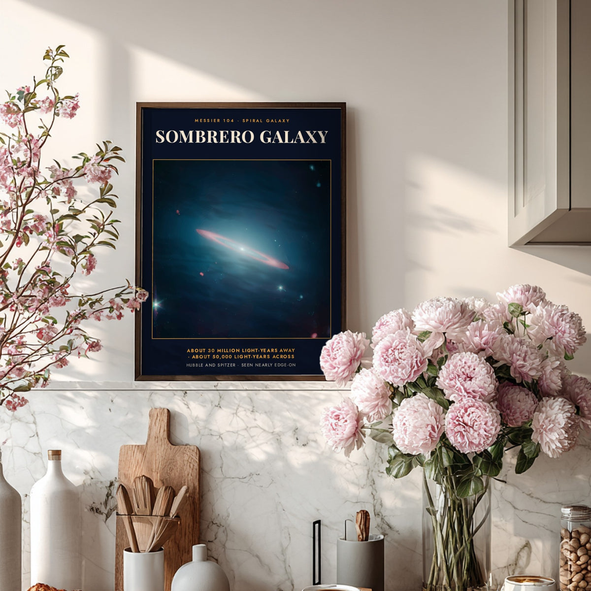 Poster of the Sombrero Galaxy showing a glowing spiral structure against deep space blue