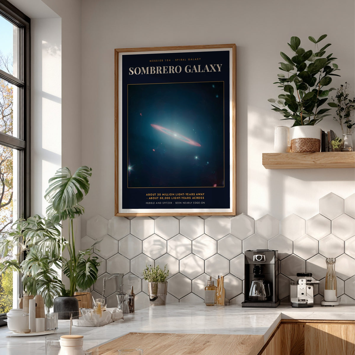 Poster of the Sombrero Galaxy showing a glowing spiral structure against deep space blue