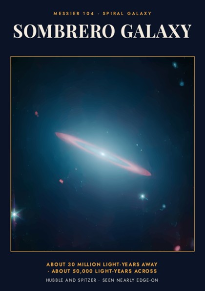 Poster of the Sombrero Galaxy showing a glowing spiral structure against deep space blue