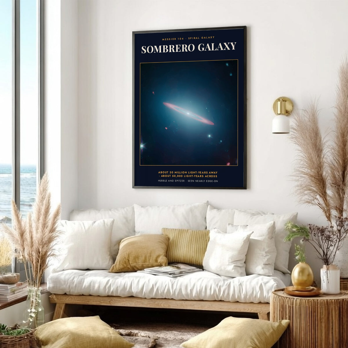 Poster of the Sombrero Galaxy showing a glowing spiral structure against deep space blue