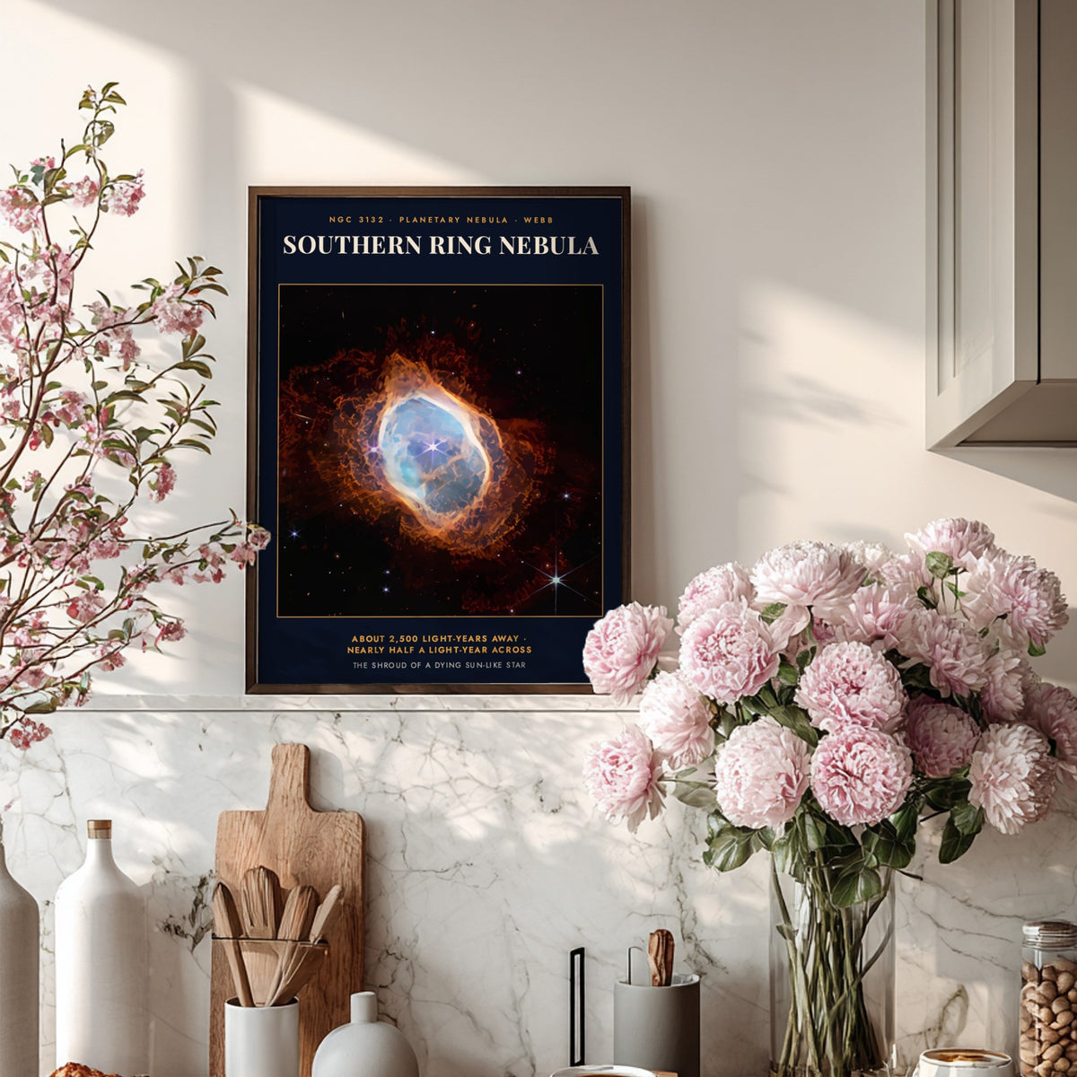 Southern Ring Nebula poster featuring vibrant blue and orange gases against a dark background.