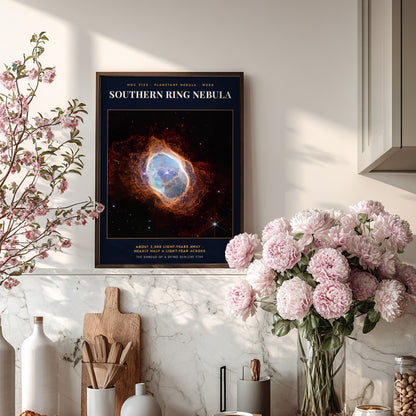 Southern Ring Nebula poster featuring vibrant blue and orange gases against a dark background.