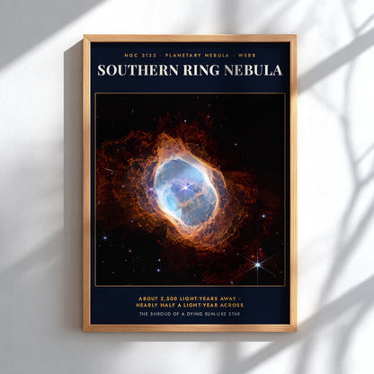 Southern Ring Nebula poster featuring vibrant blue and orange gases against a dark background.