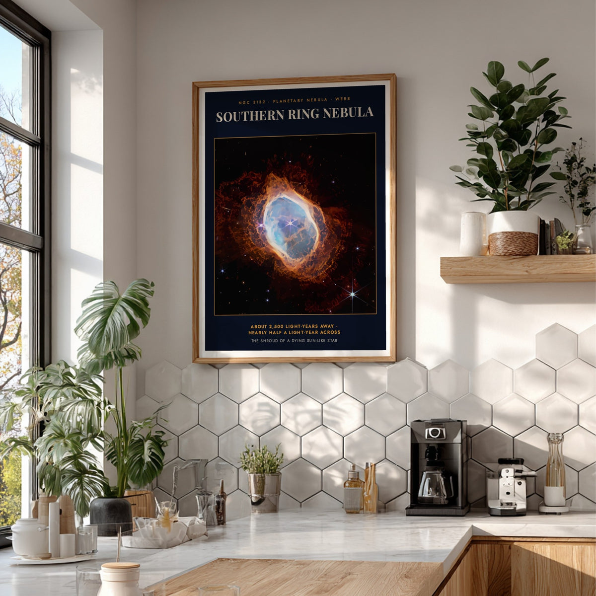 Southern Ring Nebula poster featuring vibrant blue and orange gases against a dark background.