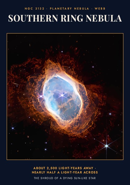 Southern Ring Nebula poster featuring vibrant blue and orange gases against a dark background.