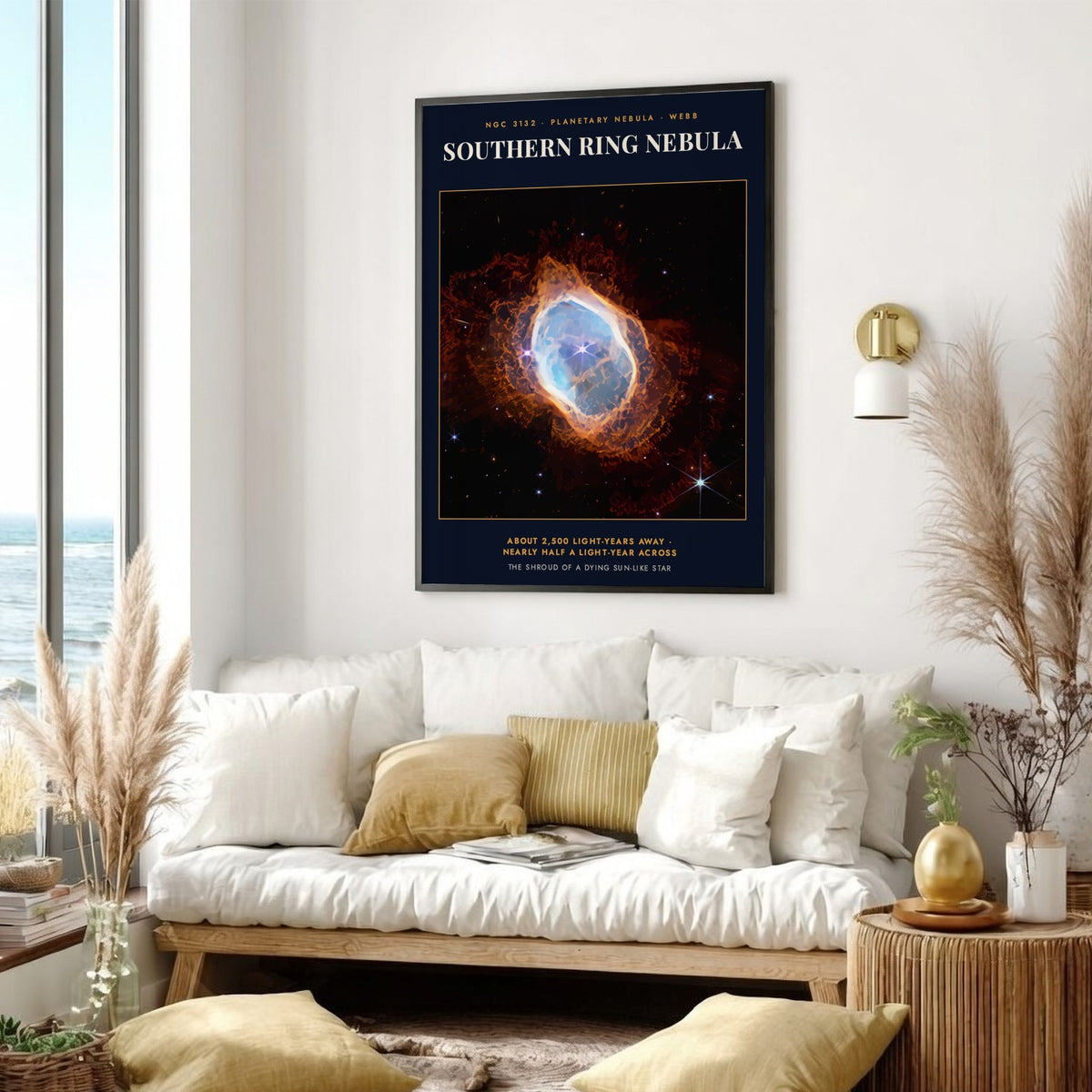Southern Ring Nebula poster featuring vibrant blue and orange gases against a dark background.