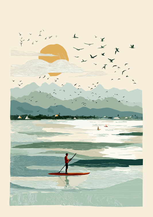 Illustration of a person paddleboarding on a lake with mountains and birds in the background.