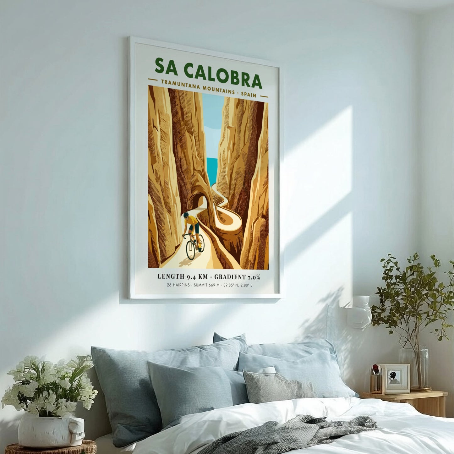 Cycling poster showing a rider on the winding Sa Calobra road in Spain