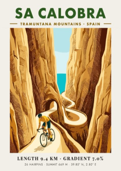 Cycling poster showing a rider on the winding Sa Calobra road in Spain