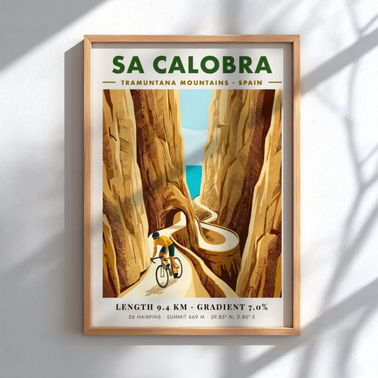 Cycling poster showing a rider on the winding Sa Calobra road in Spain