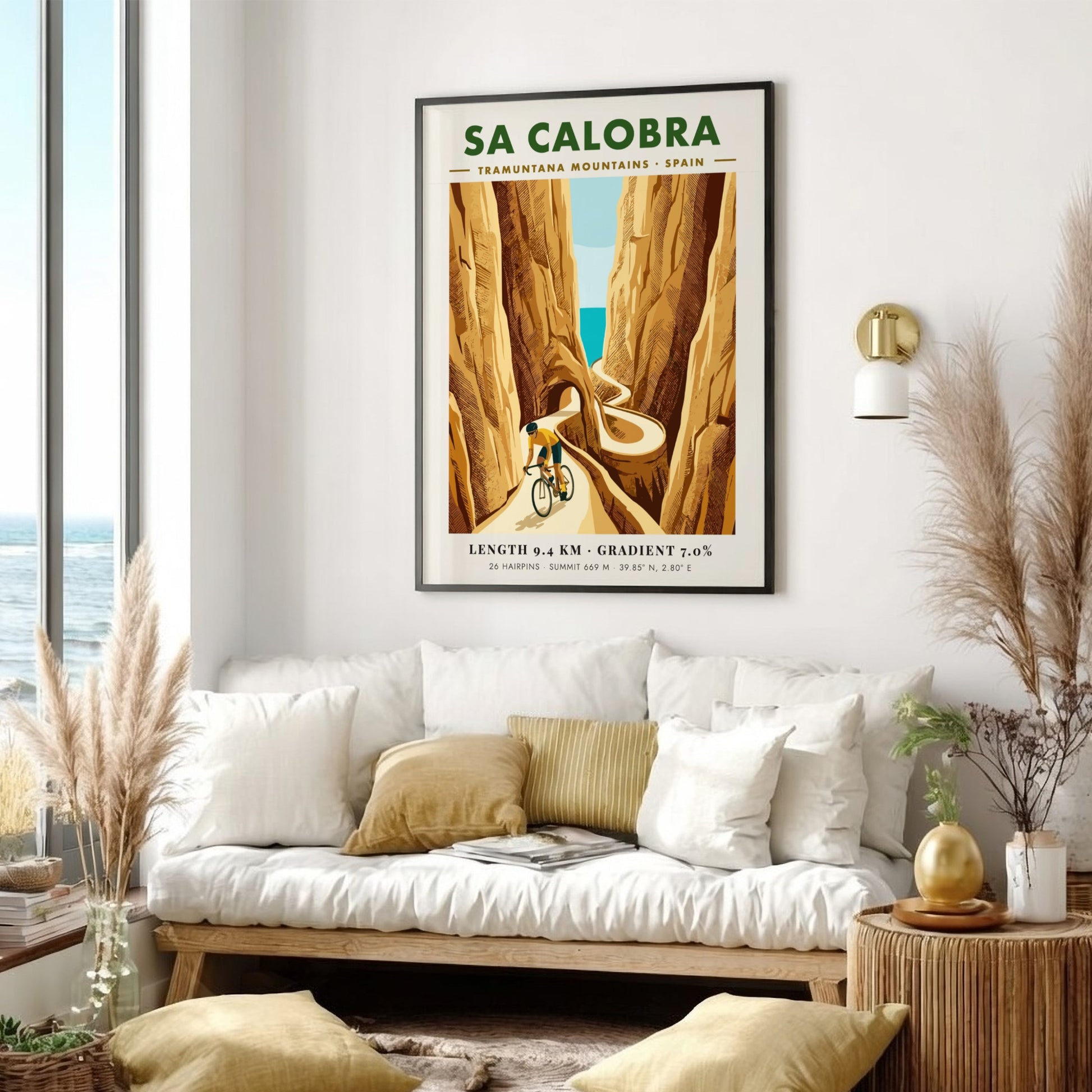 Cycling poster showing a rider on the winding Sa Calobra road in Spain