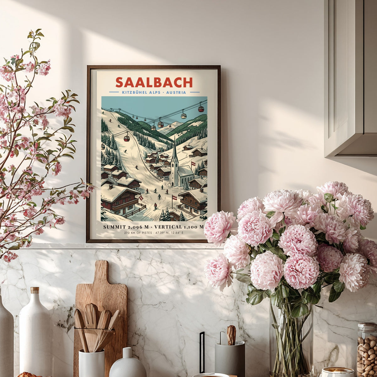 Poster of Saalbach Kitzbühel Alps featuring red gondolas, snowy slopes, and wooden village houses.