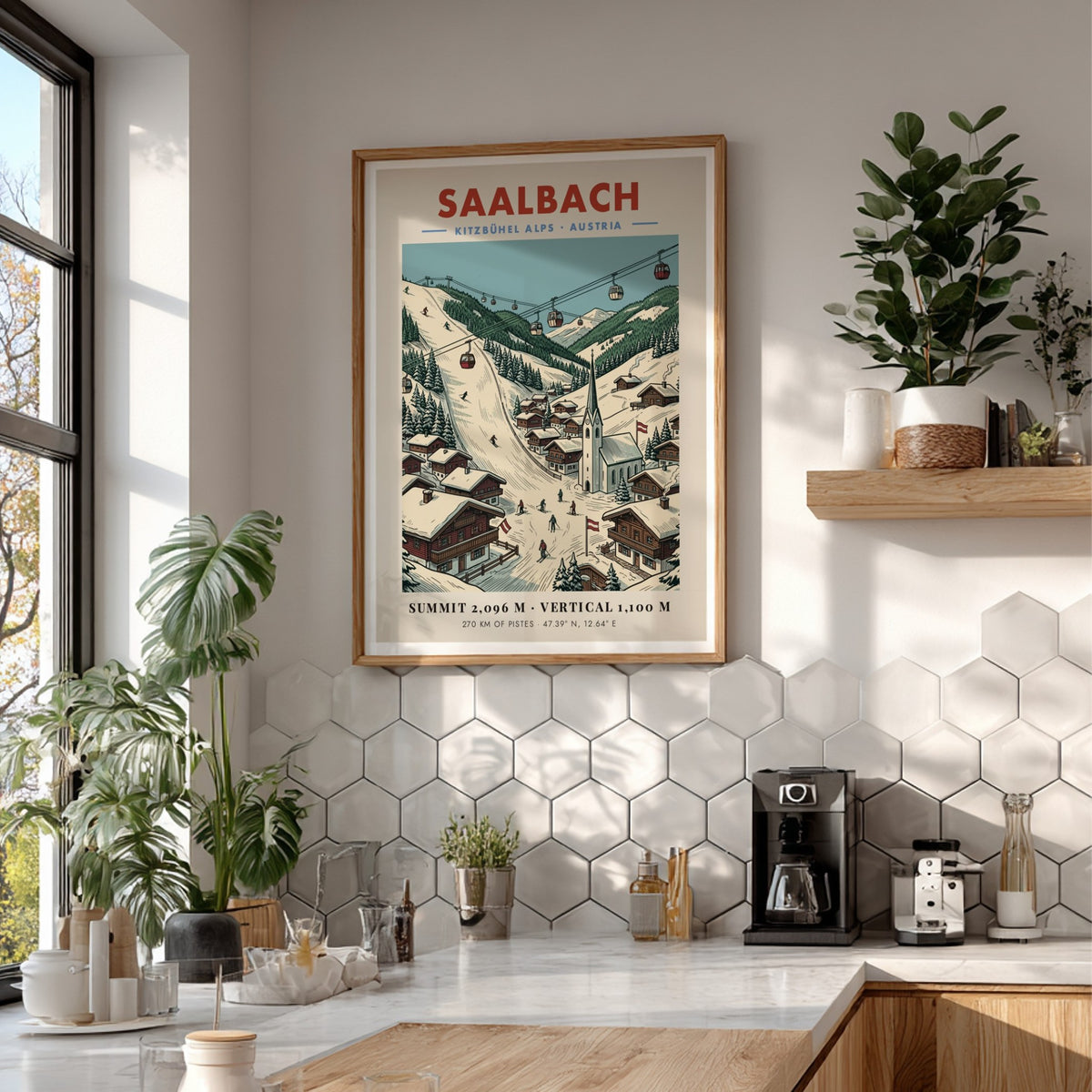 Poster of Saalbach Kitzbühel Alps featuring red gondolas, snowy slopes, and wooden village houses.