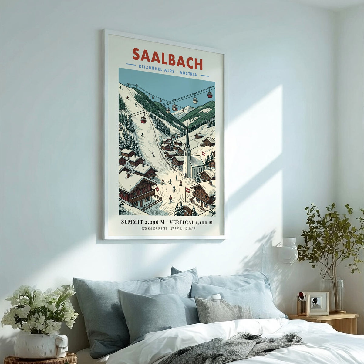 Poster of Saalbach Kitzbühel Alps featuring red gondolas, snowy slopes, and wooden village houses.