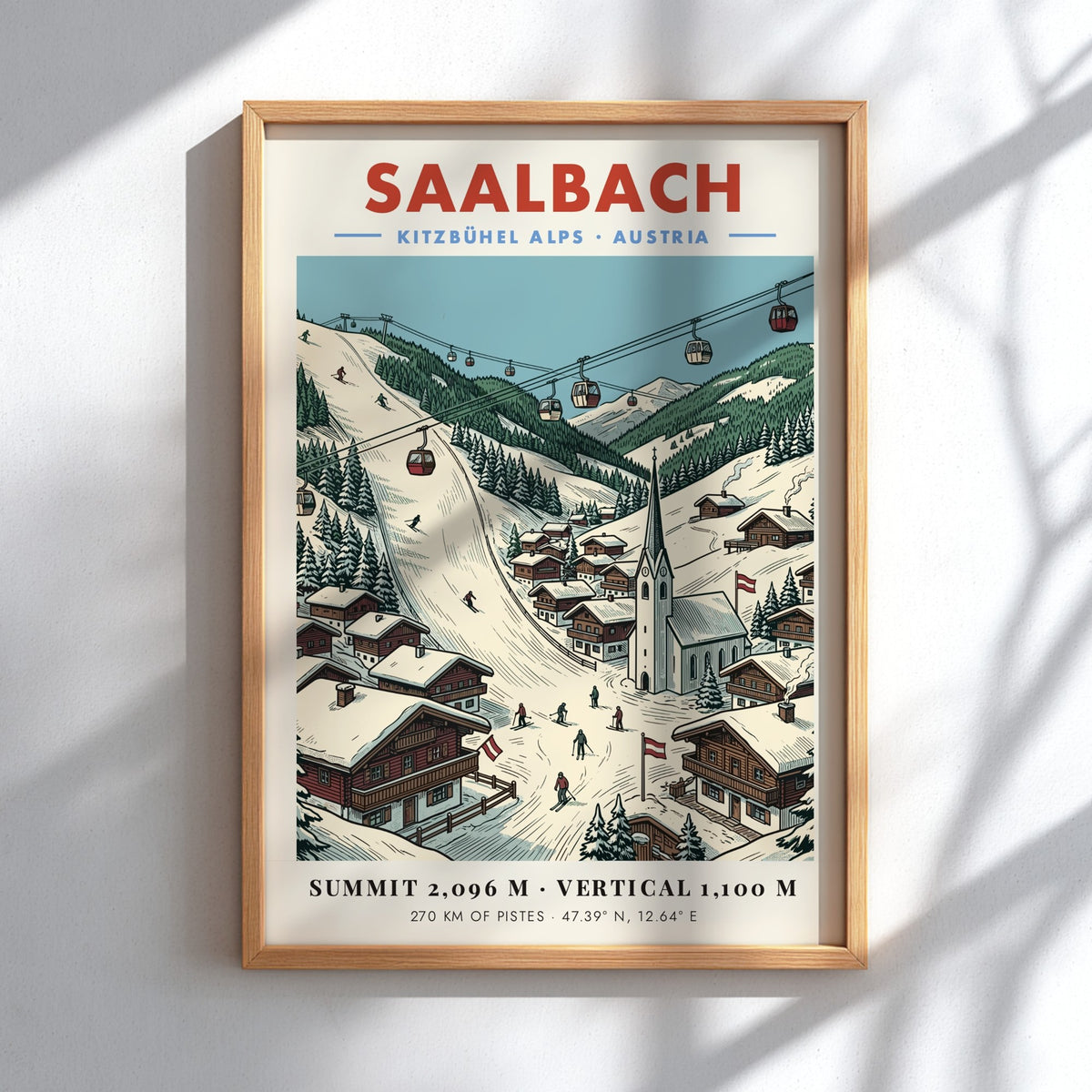 Poster of Saalbach Kitzbühel Alps featuring red gondolas, snowy slopes, and wooden village houses.