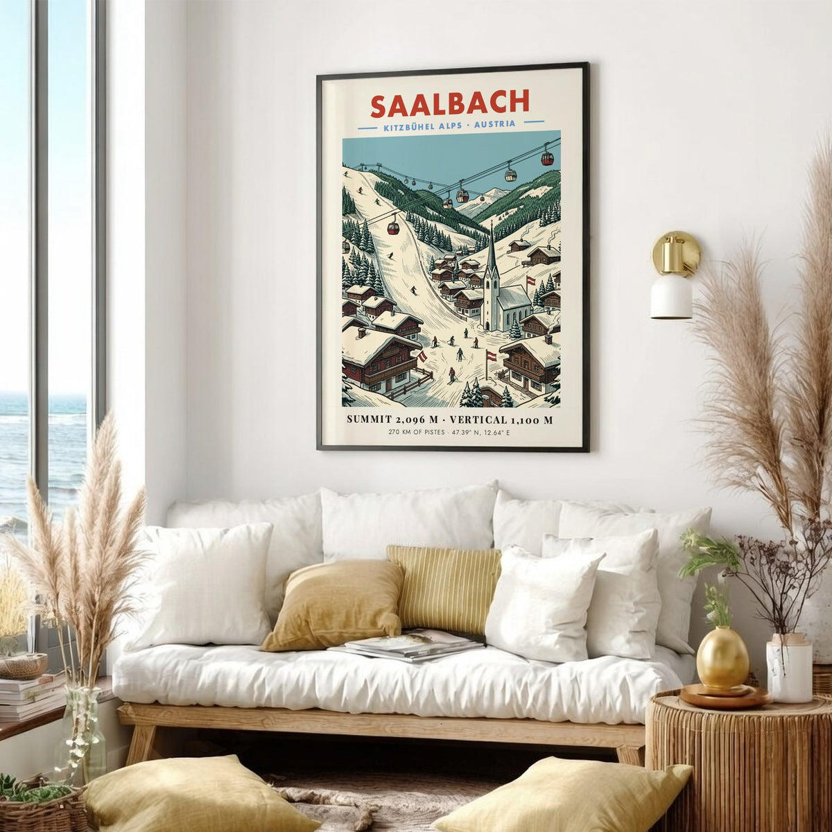 Poster of Saalbach Kitzbühel Alps featuring red gondolas, snowy slopes, and wooden village houses.