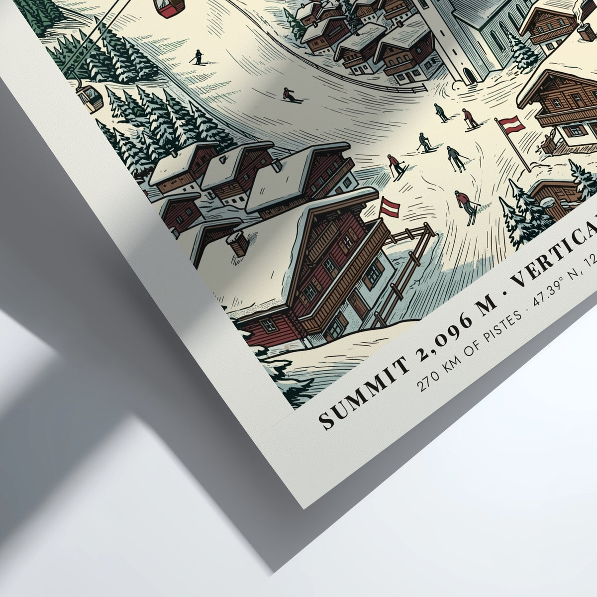 Poster of Saalbach Kitzbühel Alps featuring red gondolas, snowy slopes, and wooden village houses.
