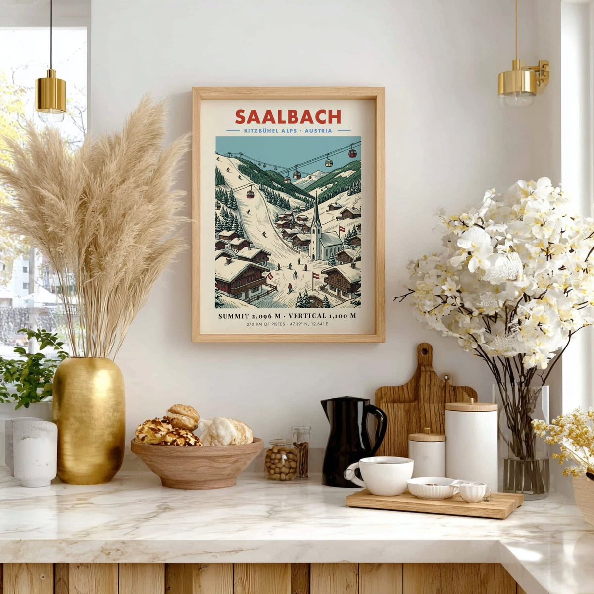 Poster of Saalbach Kitzbühel Alps featuring red gondolas, snowy slopes, and wooden village houses.
