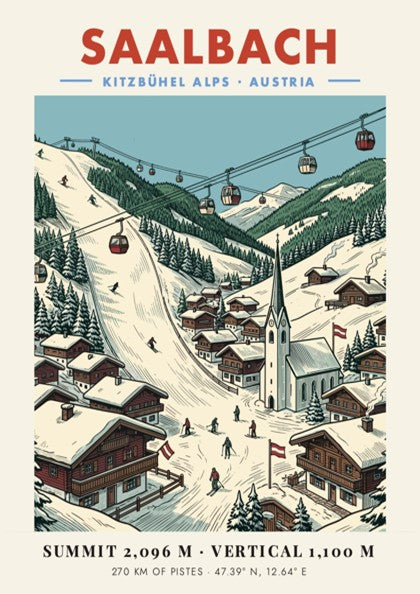 Poster of Saalbach Kitzbühel Alps featuring red gondolas, snowy slopes, and wooden village houses.