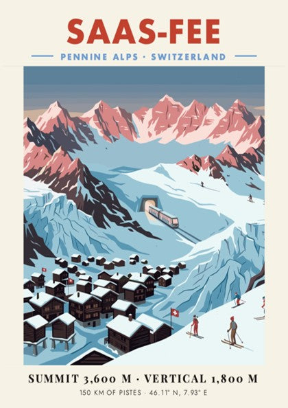 Poster of the Saas-Fee village in the Swiss Alps with snowy mountain peaks.