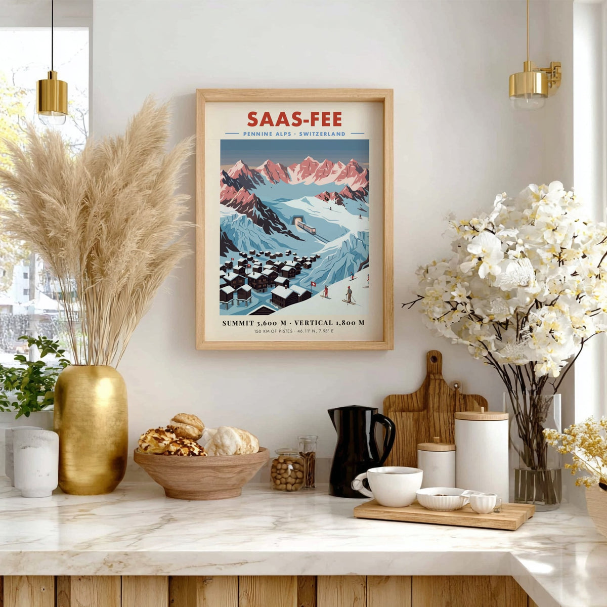 Poster of the Saas-Fee village in the Swiss Alps with snowy mountain peaks.