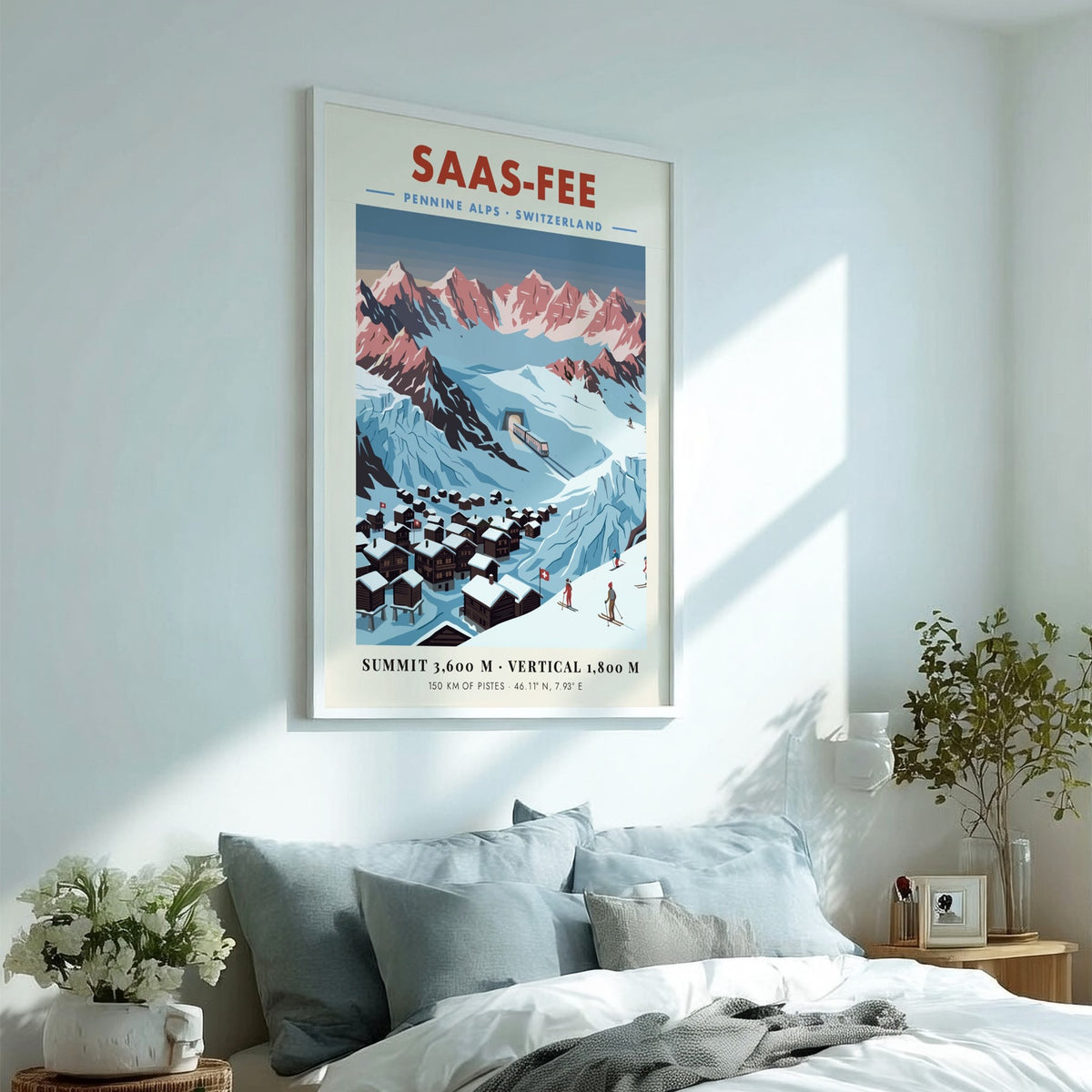 Poster of the Saas-Fee village in the Swiss Alps with snowy mountain peaks.