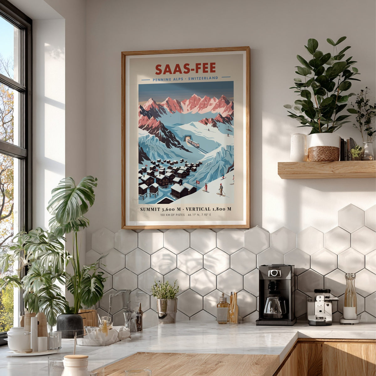 Poster of the Saas-Fee village in the Swiss Alps with snowy mountain peaks.