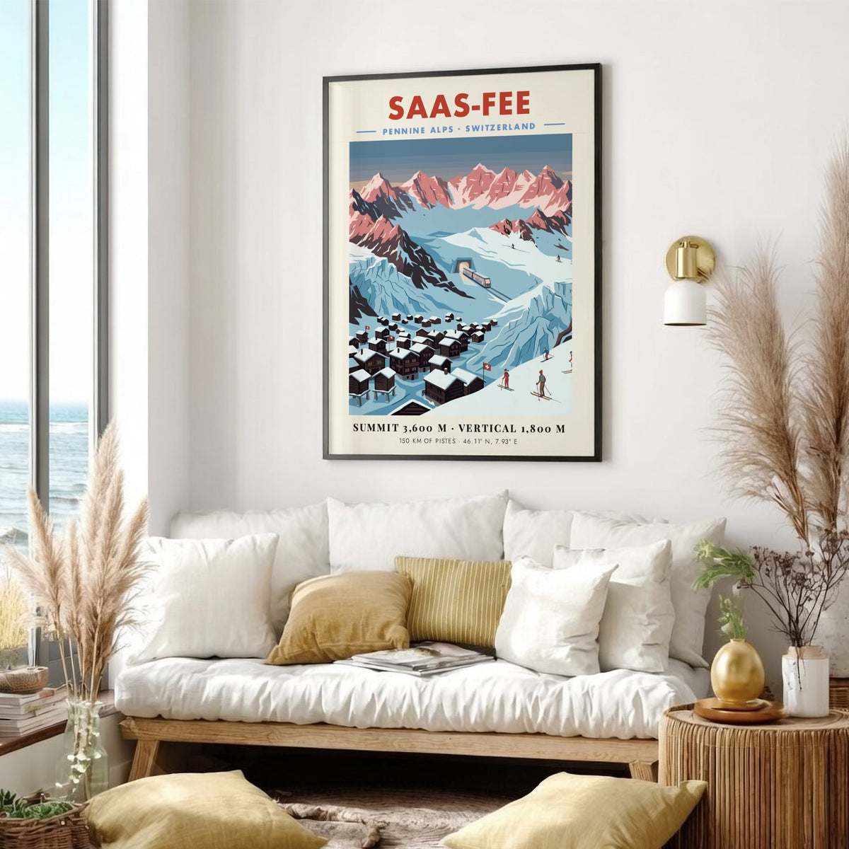 Poster of the Saas-Fee village in the Swiss Alps with snowy mountain peaks.