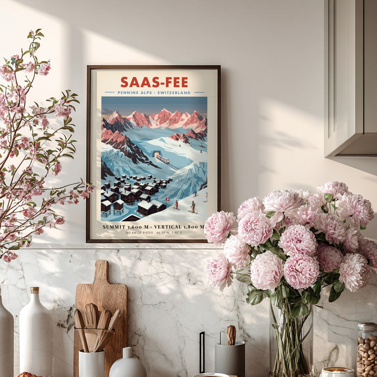 Poster of the Saas-Fee village in the Swiss Alps with snowy mountain peaks.