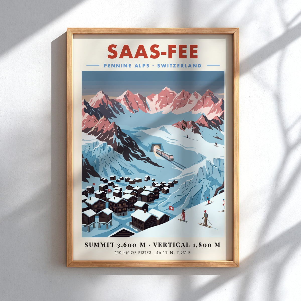 Poster of the Saas-Fee village in the Swiss Alps with snowy mountain peaks.