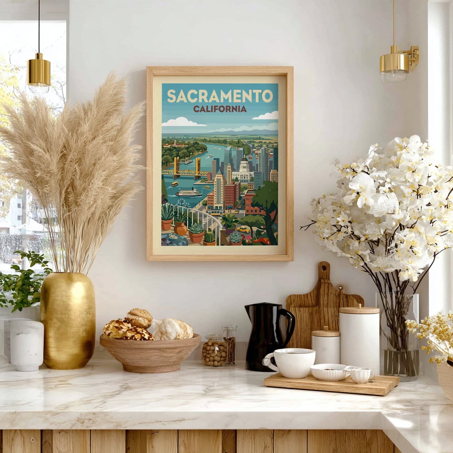 Sacramento skyline illustration with Tower Bridge, State Capitol, and river in a retro style.