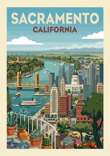 Sacramento skyline illustration with Tower Bridge, State Capitol, and river in a retro style.