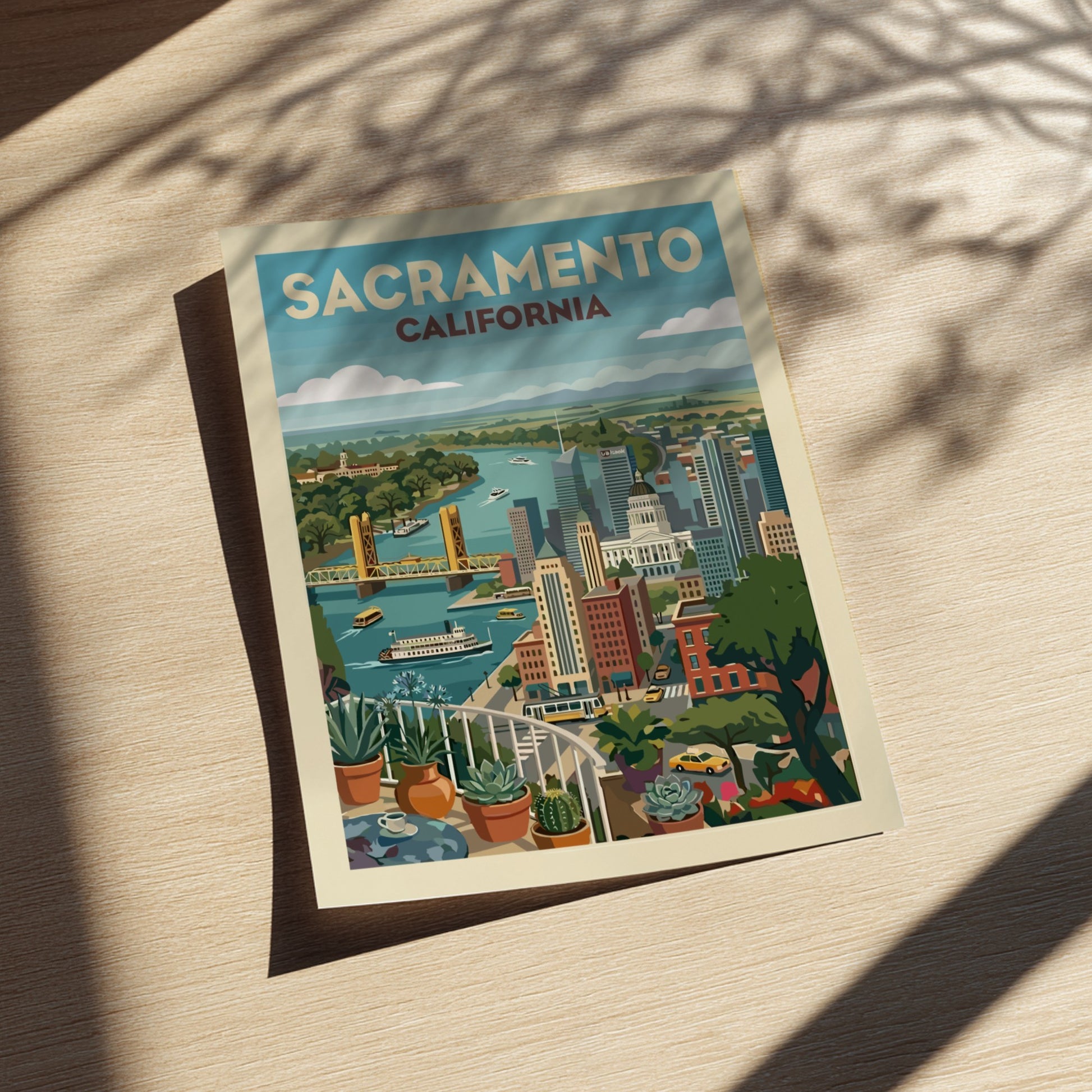 Sacramento skyline illustration with Tower Bridge, State Capitol, and river in a retro style.