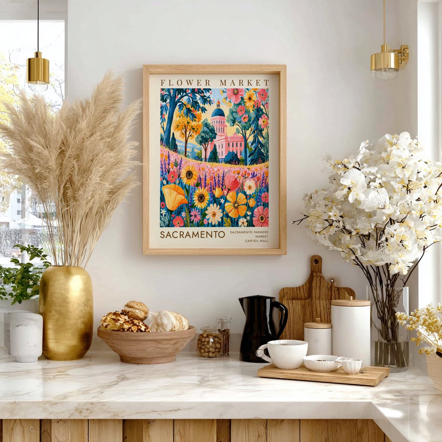 Flower market poster showcasing vibrant wildflowers and Sacramento cityscape in bright colors