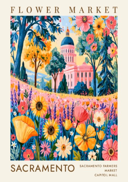 Flower market poster showcasing vibrant wildflowers and Sacramento cityscape in bright colors