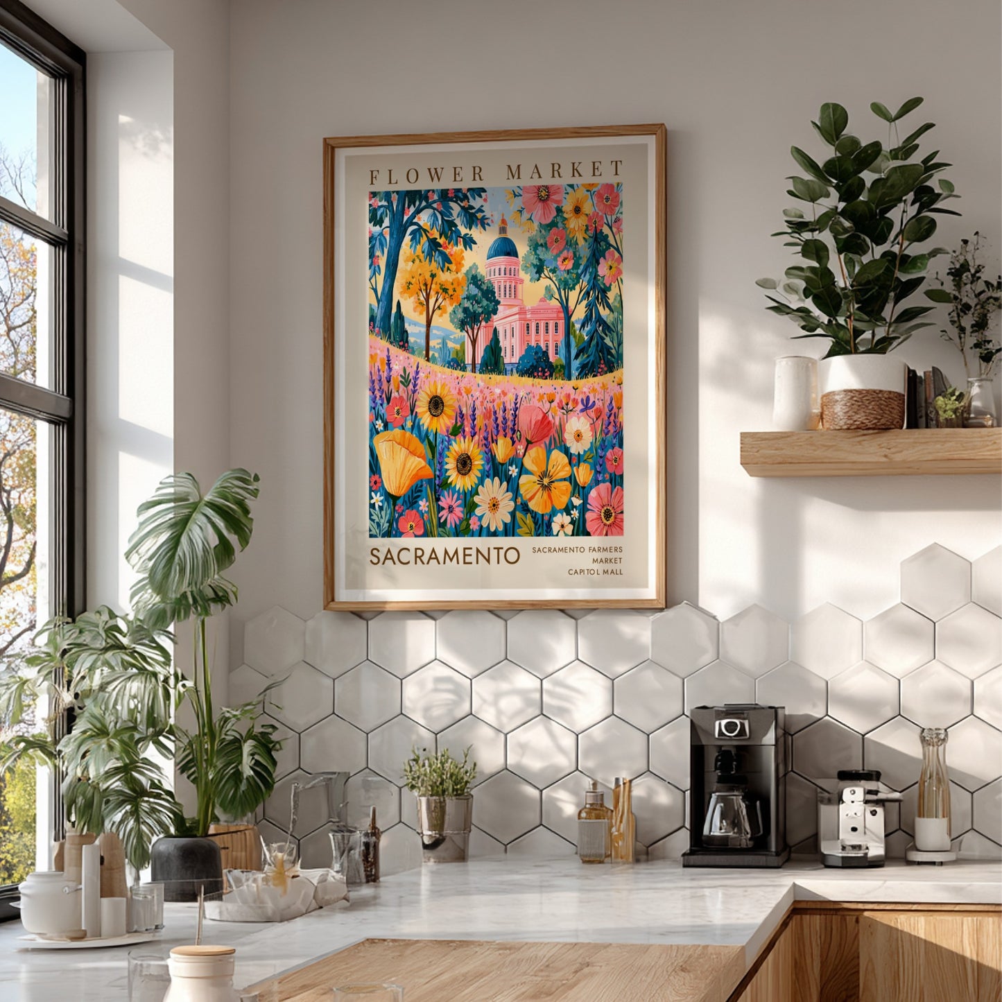 Flower market poster showcasing vibrant wildflowers and Sacramento cityscape in bright colors