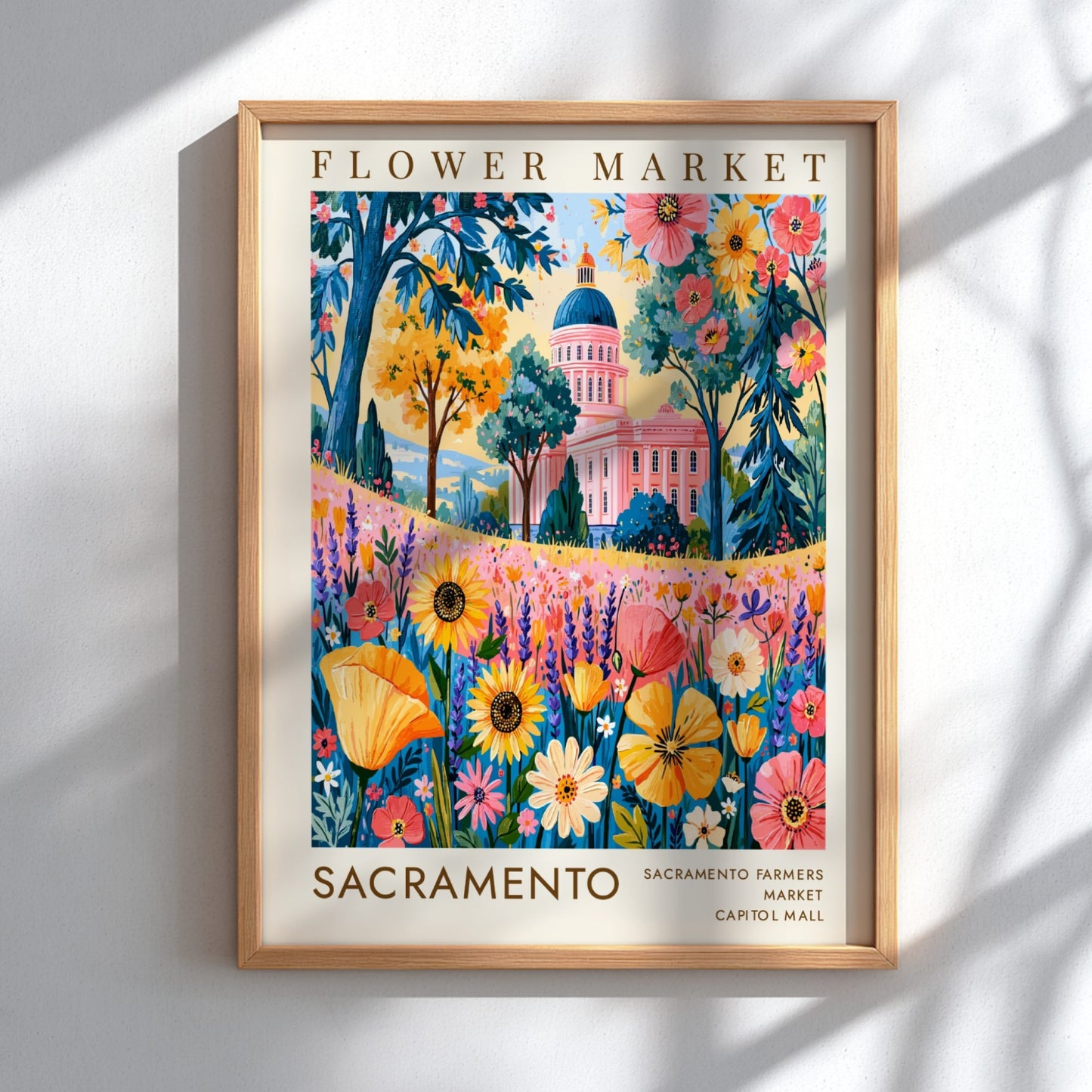 Flower market poster showcasing vibrant wildflowers and Sacramento cityscape in bright colors